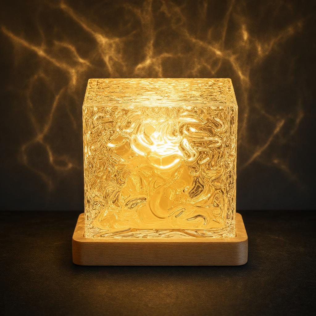 Lámpara Ondara encendida en ámbar con reflejos de agua
